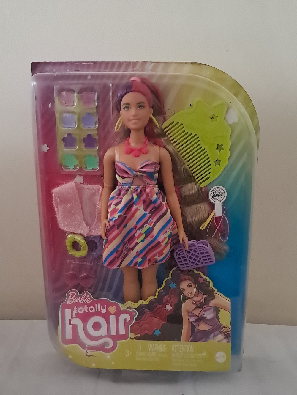 Barbie Fashion Doll with Multicolor Striped Dress and Bright Hair Accessories